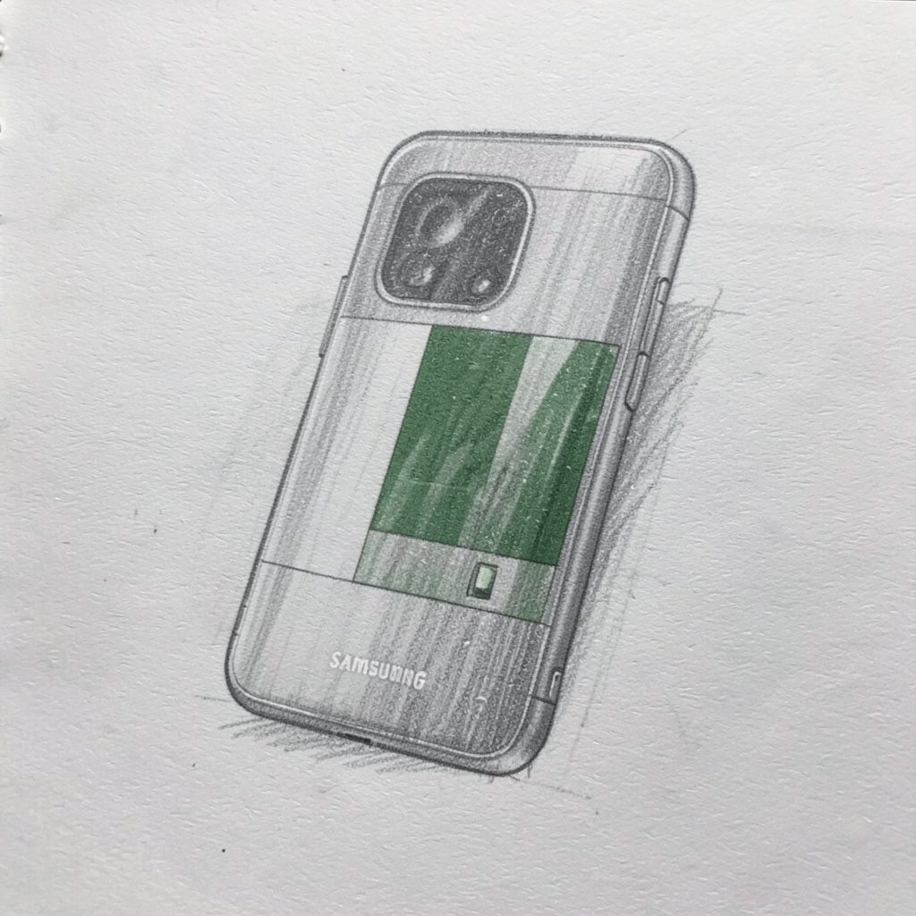 Strichzeichnung eines schwarzen Samsung Galaxy S Smartphone mit abgerundeten Ecken, minimalistisch auf hellem Hintergrund