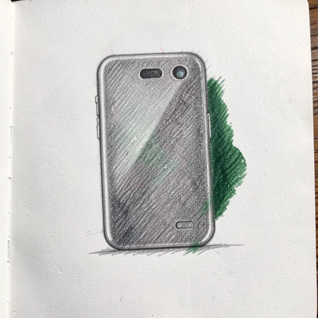 Bleistiftskizze eines Samsung Galaxy Note mit großem Display, feine Linien