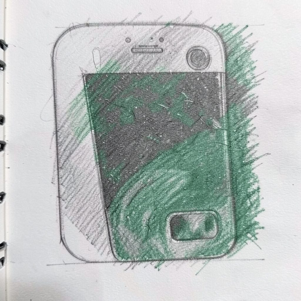 Skizze eines schlanken Samsung Galaxy S2 in dunklem Ton, frontal dargestellt mit klaren Linien